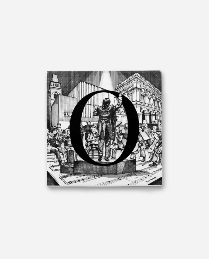 Hallé Orchestra tile Letter O showing conductor and orchestra in black engraving on white ceramic by The Sculpts