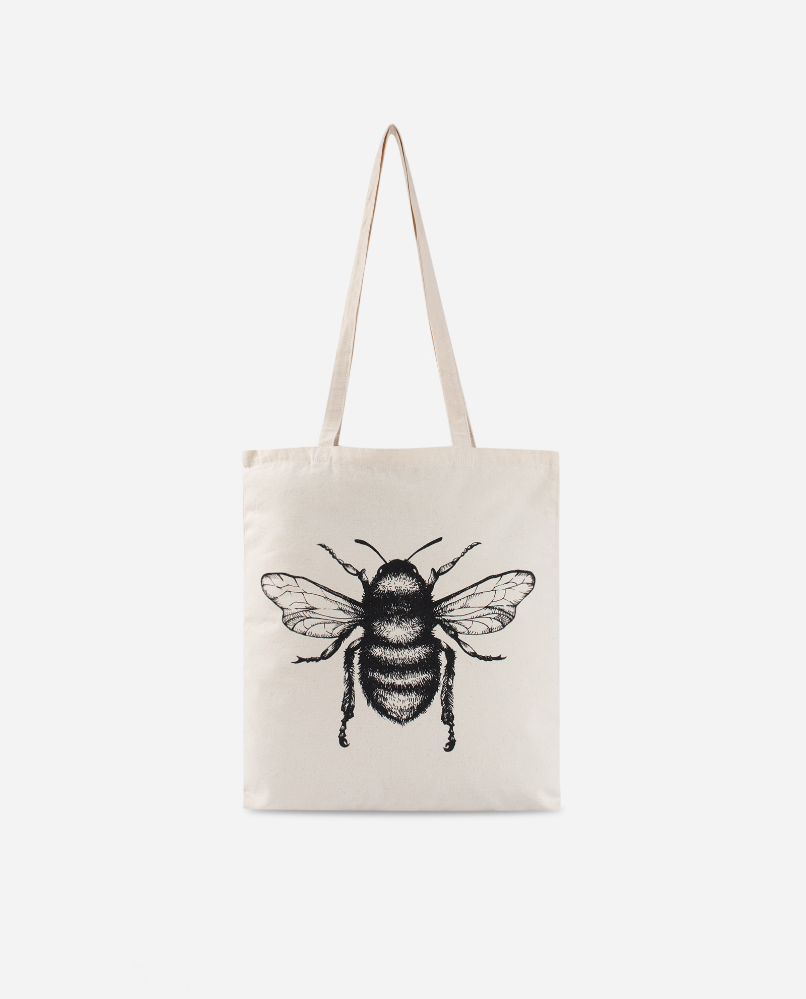 Natural cotton Manchester bee tote bag by The Sculpts with detailed black bee illustration on beige canvas