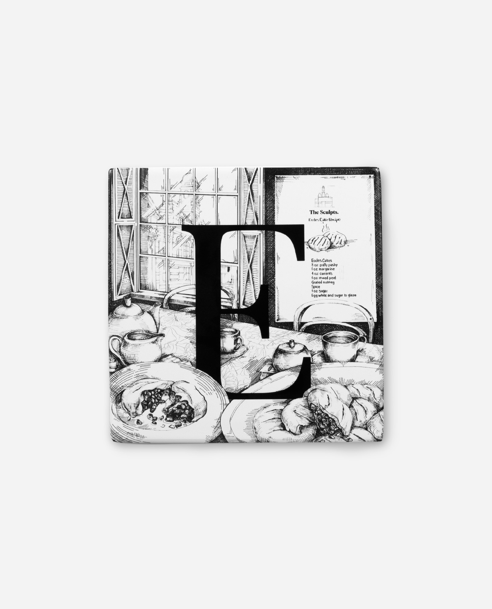 Manchester letter E Eccles cake tile showing black serif E over detailed cafe scene illustration with pastries and menu