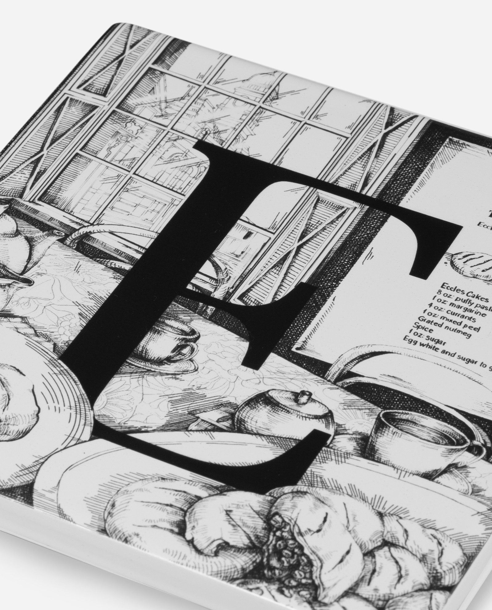 Close-up detail of Eccles cake tile illustration showing crosshatched pen work of pastries teacups and recipe card