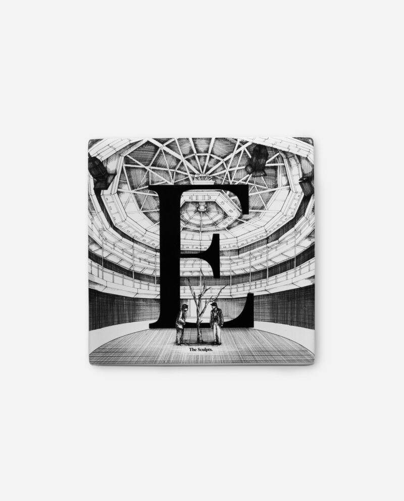 Manchester Exchange Theatre ceramic tile by The Sculpts showing large black letter E over detailed theatre interior with two figures