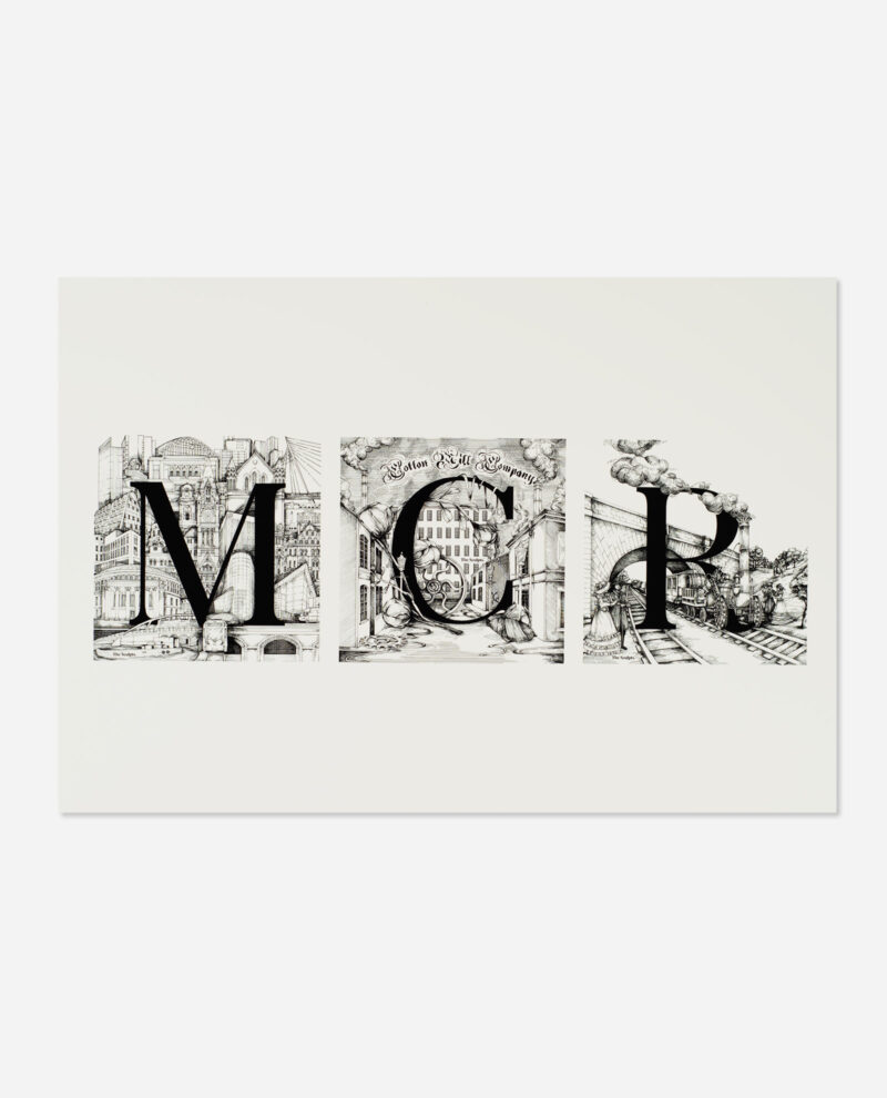 MCR print showing three panels with bold black letters M C R over detailed Manchester cityscape illustrations