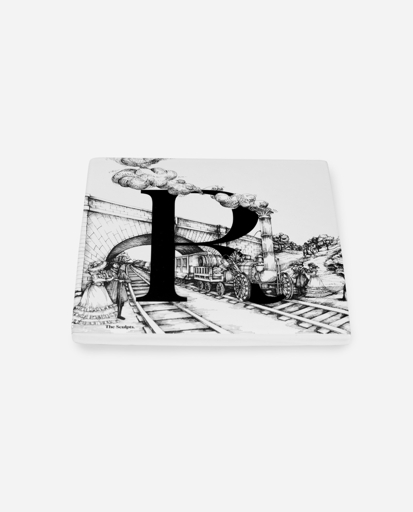 Angled view of Letter R Rocket ceramic tile showing thickness and glossy surface finish on white background