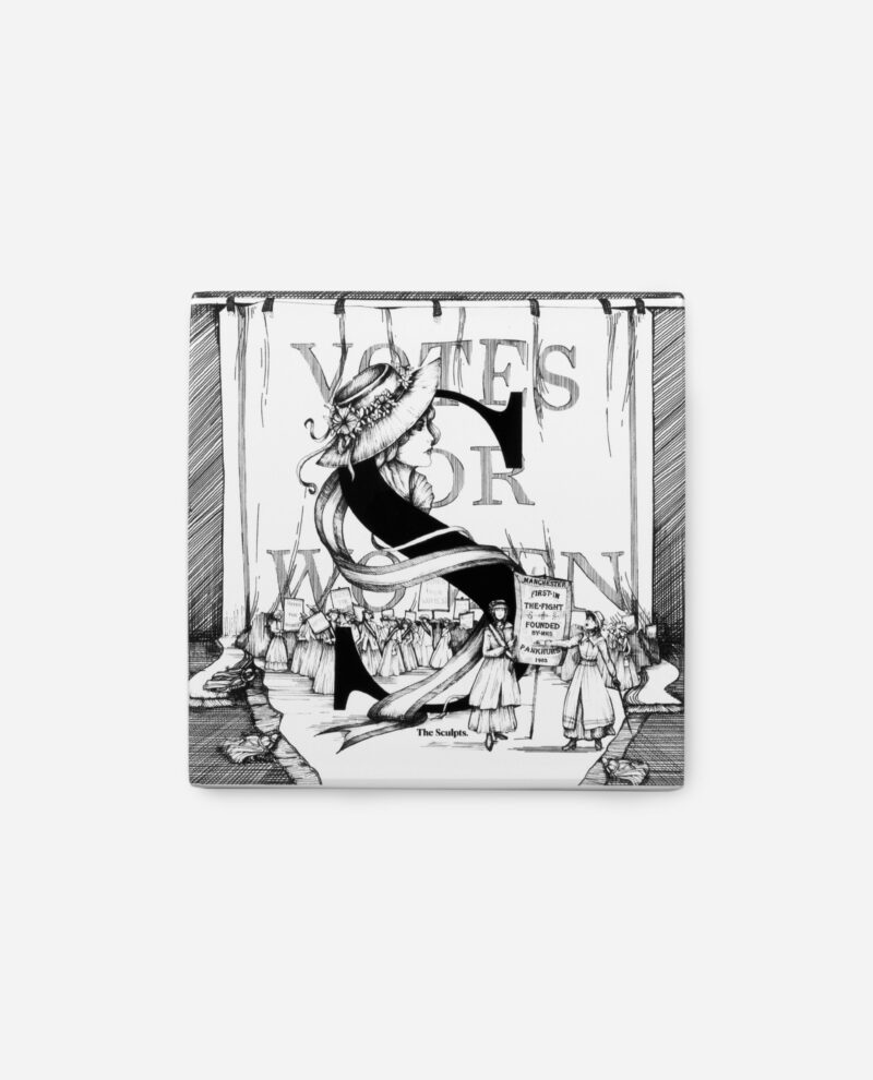 The Sculpts Manchester suffragettes tile Letter S front view in black and white showing Emmeline Pankhurst illustration