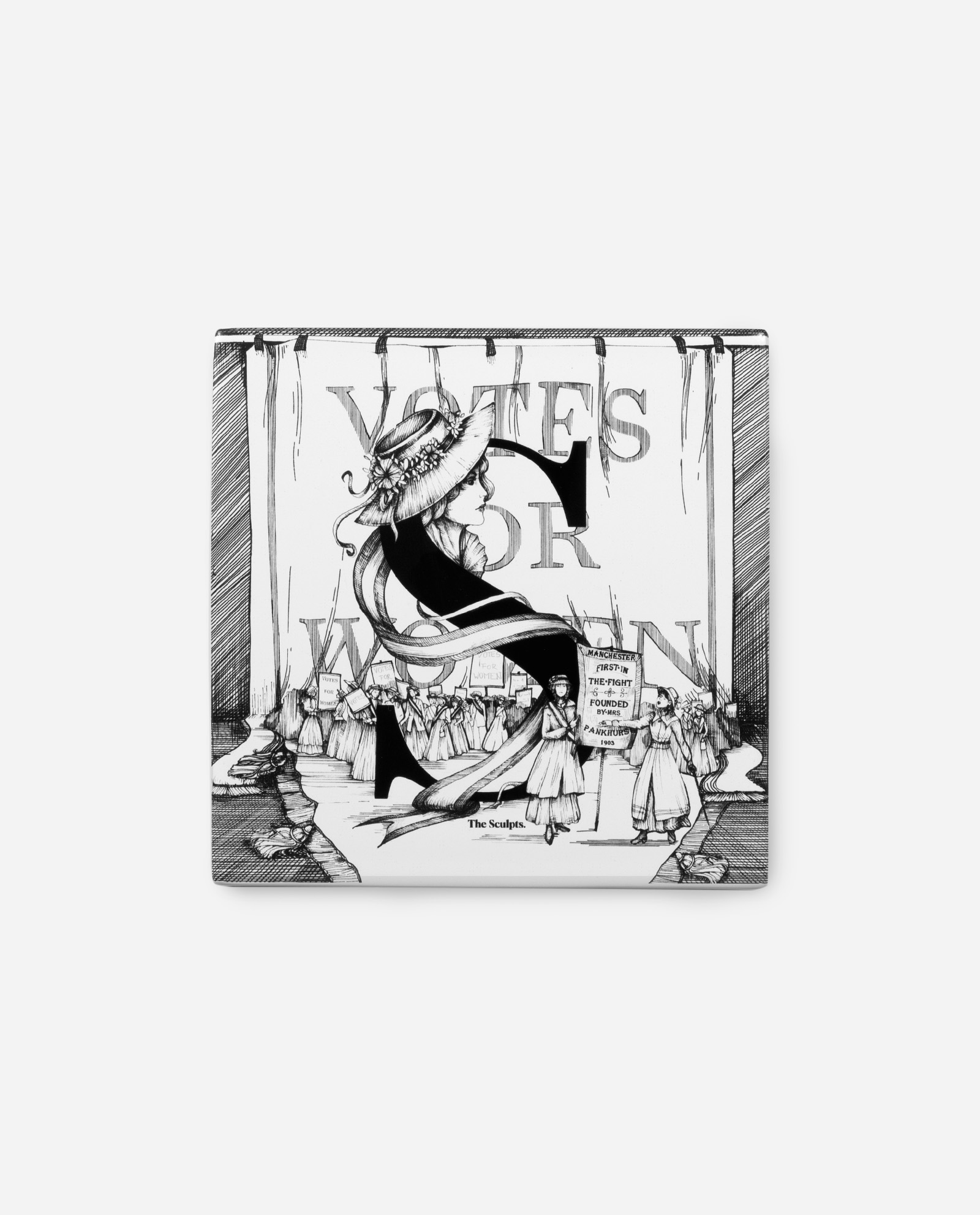 The Sculpts Manchester suffragettes tile Letter S front view in black and white showing Emmeline Pankhurst illustration