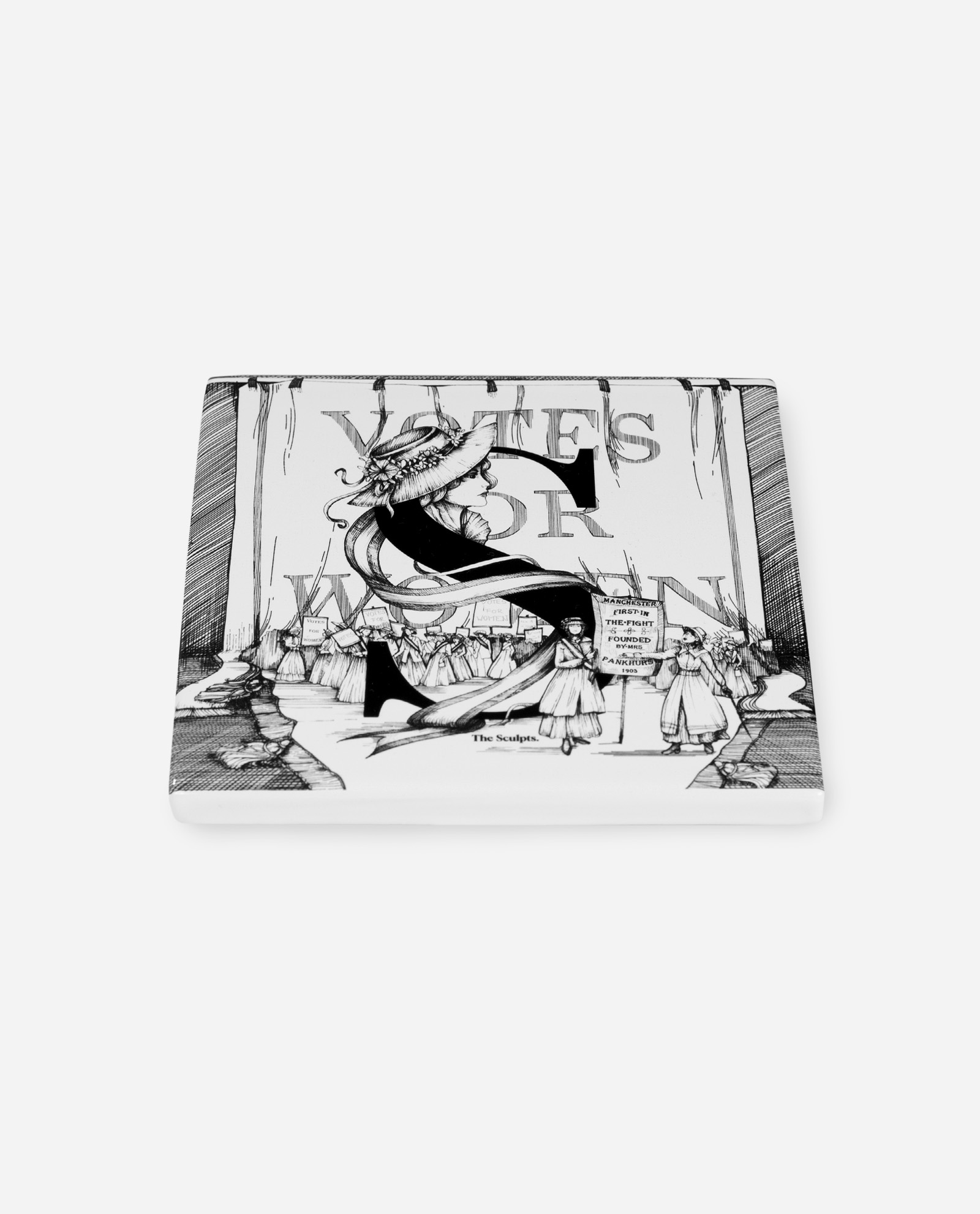 Angled view of Manchester suffragettes Letter S ceramic tile by The Sculpts showing white glazed surface and illustration detail