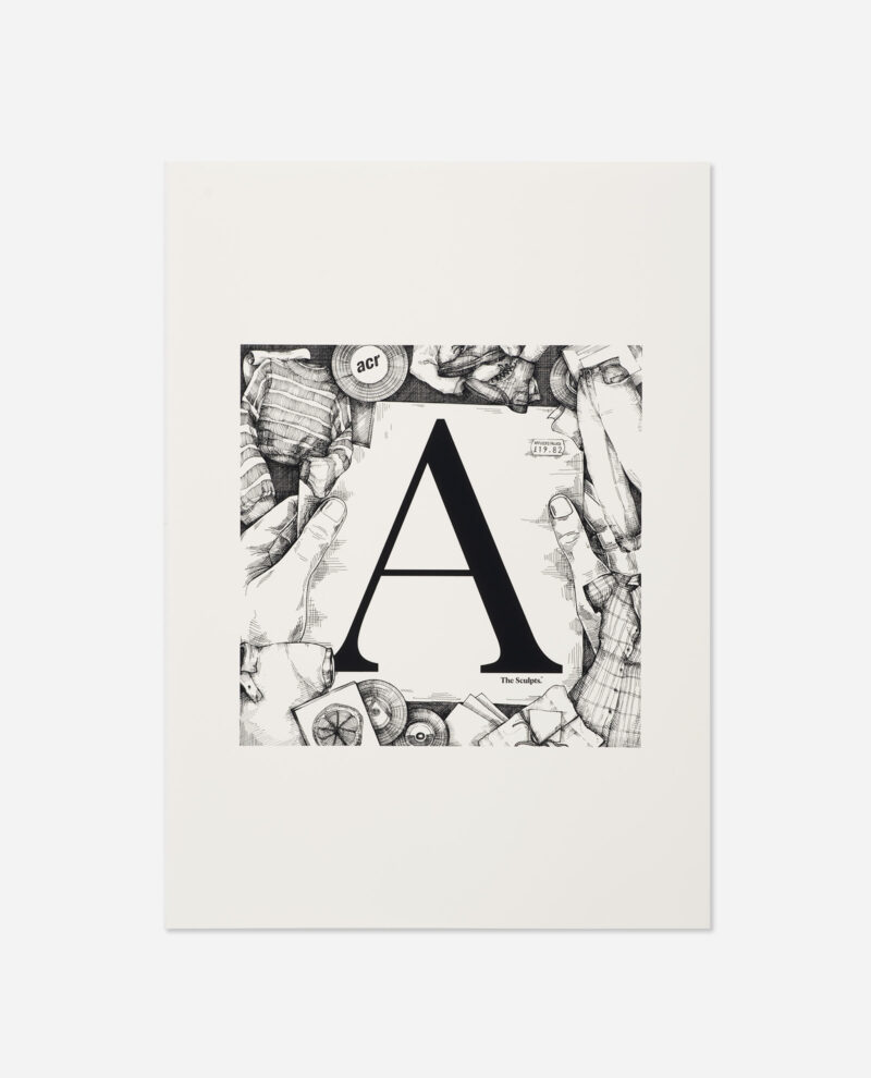 Manchester Letter A for Affleck's Palace print with bold black serif A on white background framed by detailed pen illustrations of hands, vinyl records, compass and alternative culture items