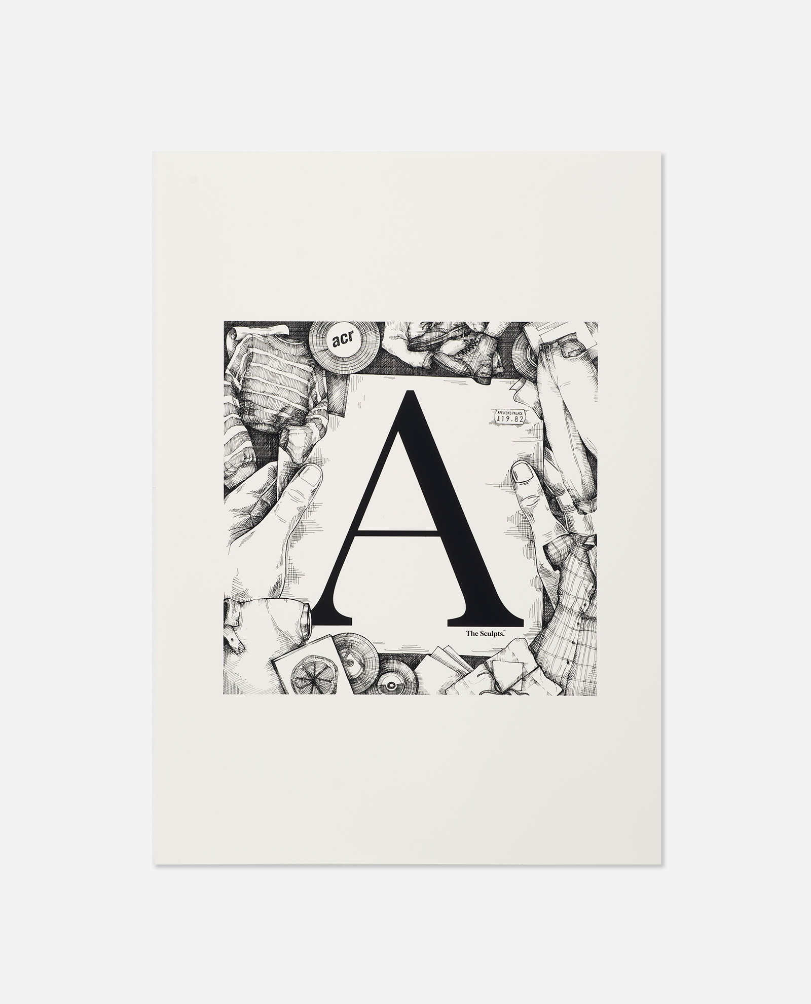 Manchester Letter A for Affleck's Palace print with bold black serif A on white background framed by detailed pen illustrations of hands, vinyl records, compass and alternative culture items