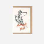 Adopt Moi greeting card flat lay showing stylised poodle illustration with coral hand lettering on cream card with kraft envelope