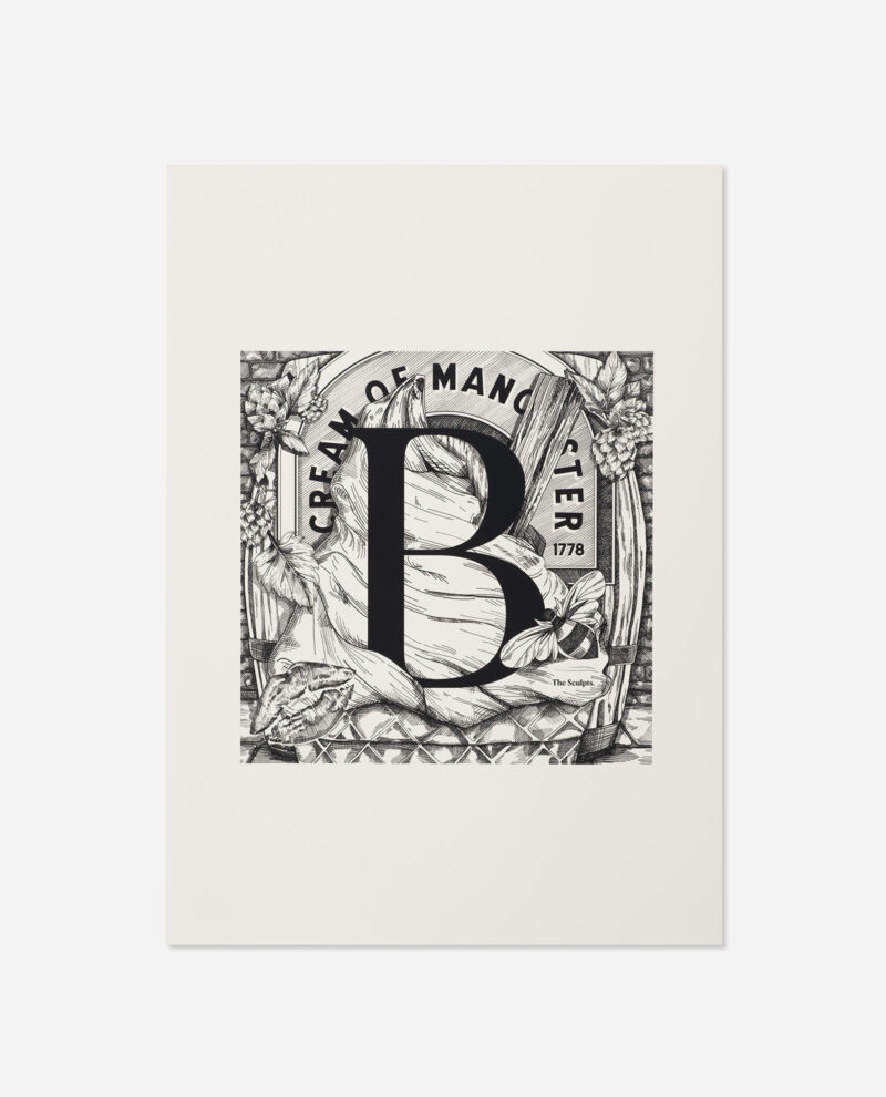 Manchester Letter B for Boddingtons print flat lay showing bold black letter B with ornate border of hops and barley illustration, 1778 date and The Sculpts credit