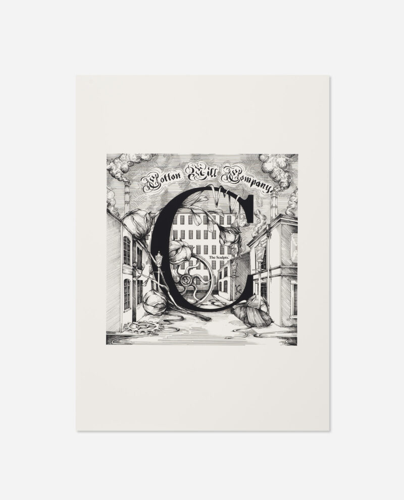 Manchester Letter C for Cottonopolis print straight on view showing detailed Victorian building through ornate C with cotton plants and smoke