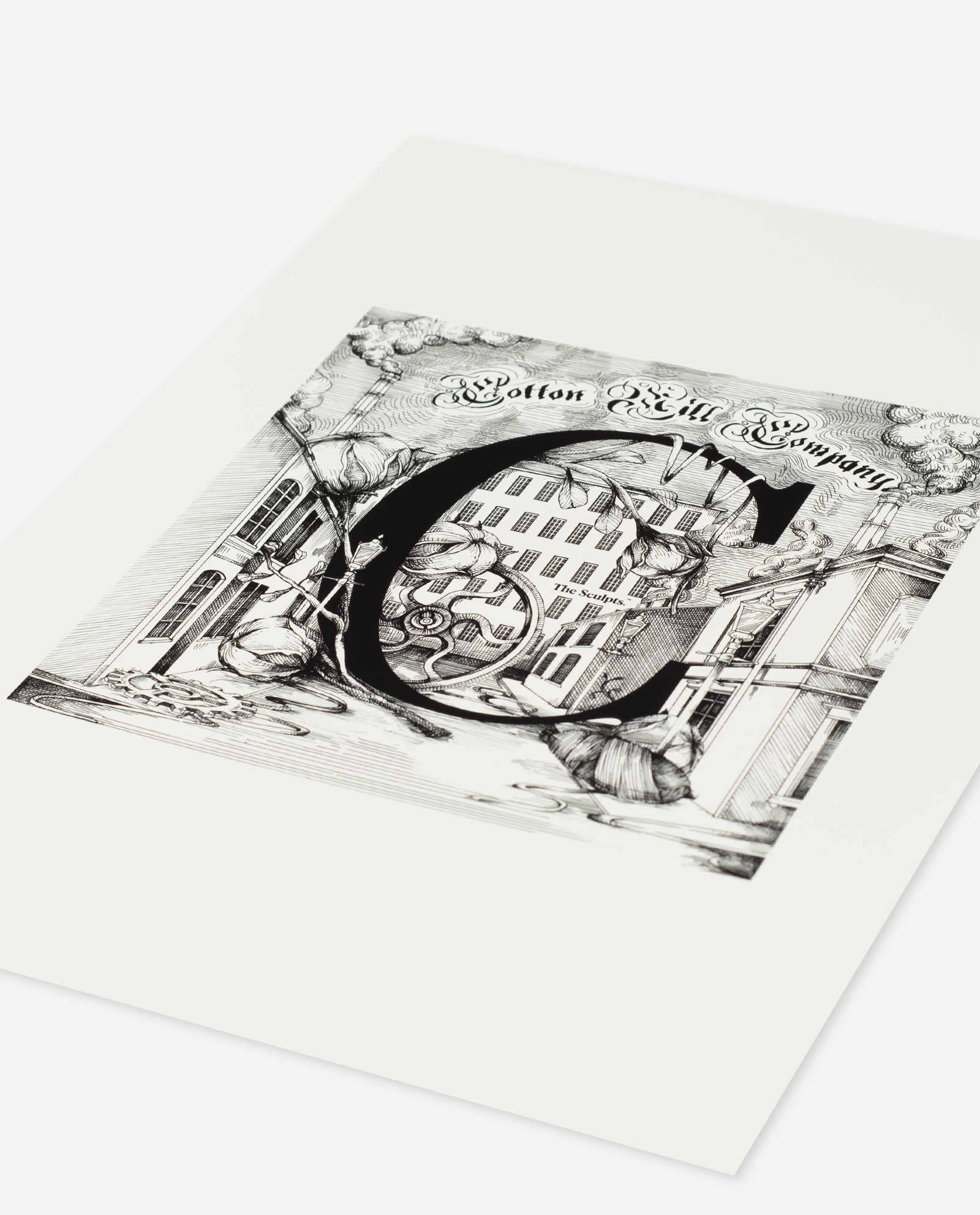 Oblique angle view of Manchester C for Cottonopolis print on cream paper showing dimension and print quality detail