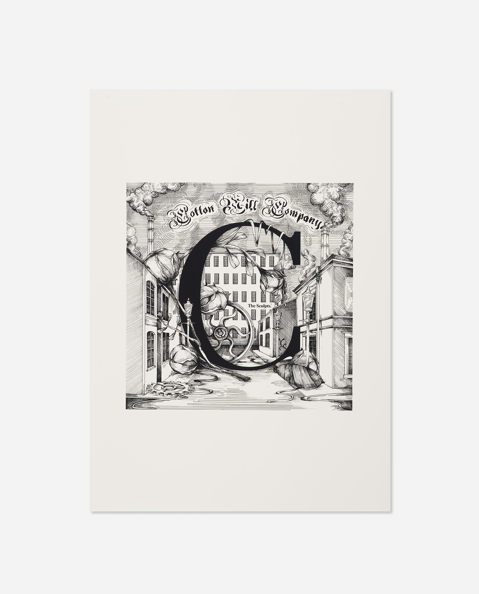 Manchester Letter C for Cottonopolis print straight on view showing detailed Victorian building through ornate C with cotton plants and smoke