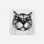 Black and white ceramic cat tile front view showing detailed ink illustration by The Sculpts