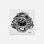 Dog ceramic tile front view showing cockapoo face illustration in black ink on white ceramic by The Sculpts