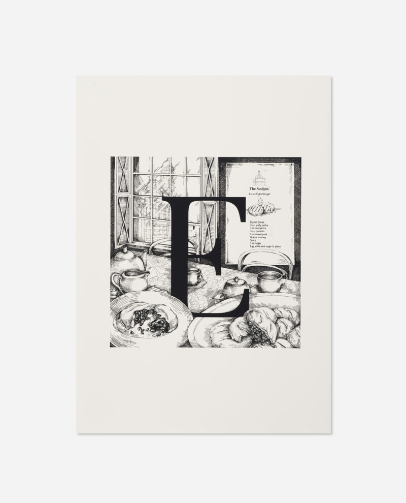 Manchester Letter E for Eccles cake print featuring bold black E over detailed pen drawing of breakfast scene with recipe card