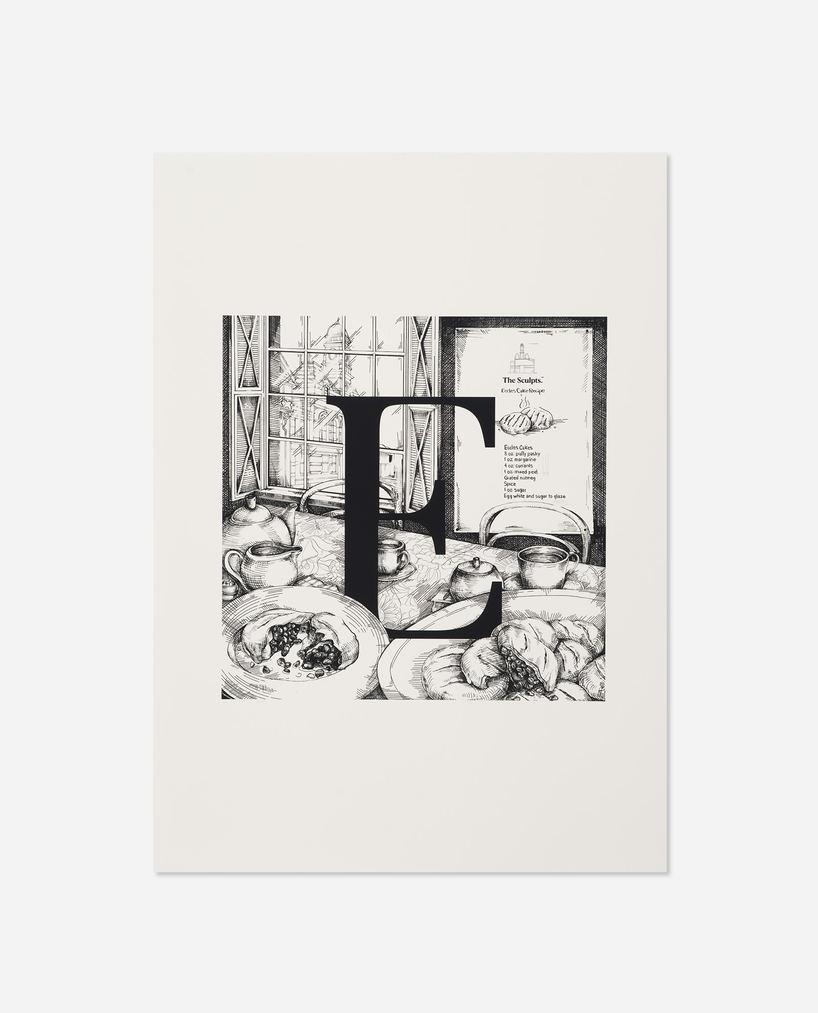 Manchester Letter E for Eccles cake print featuring bold black E over detailed pen drawing of breakfast scene with recipe card