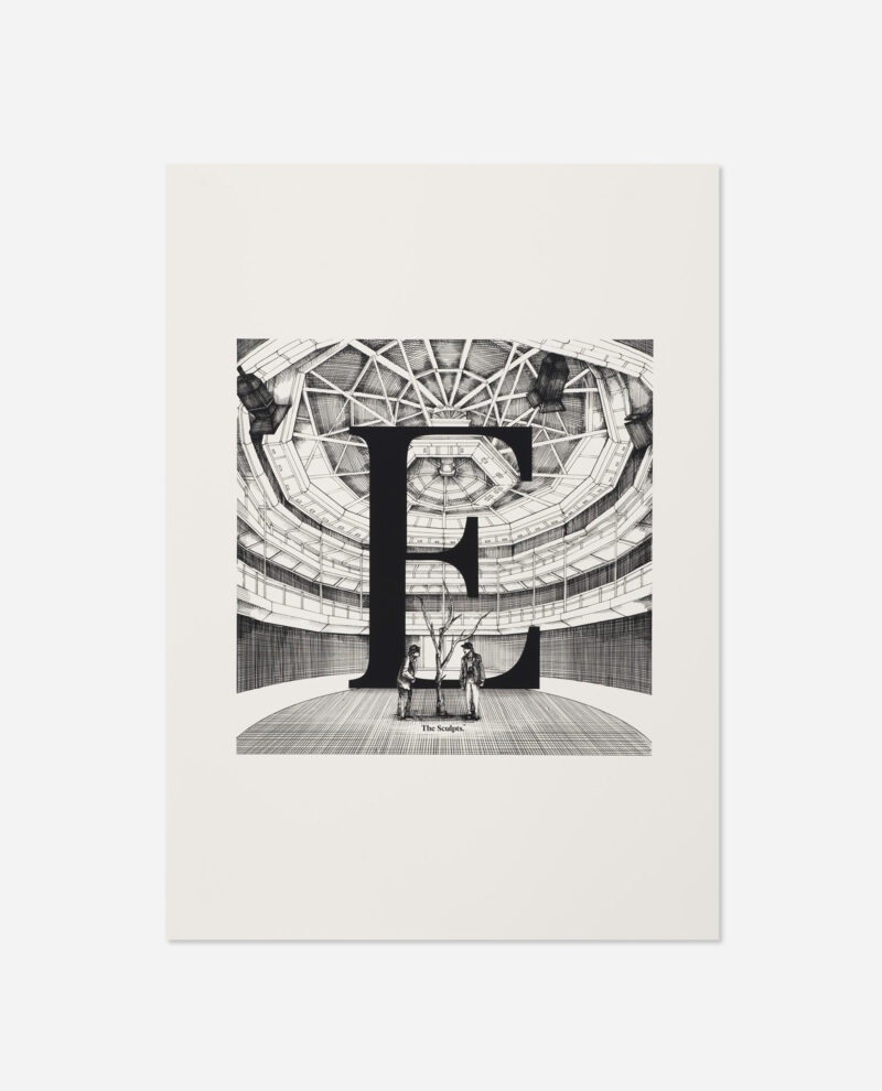 Manchester Exchange Theatre print featuring bold letter E with pen and ink Royal Exchange Theatre interior behind two figures