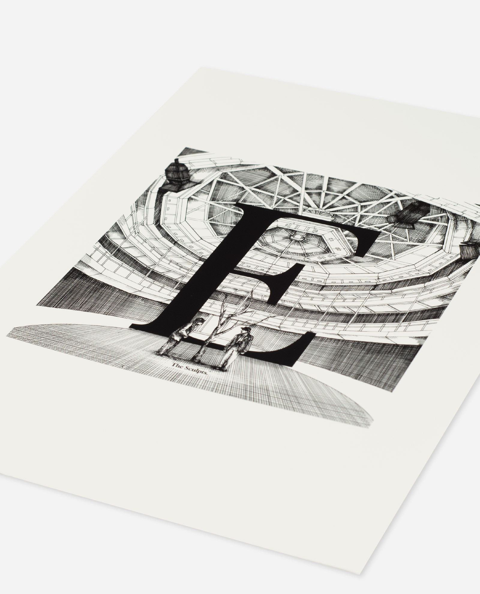 Angled view of Manchester Exchange Theatre print on cream paper showing intricate crosshatch detail and dramatic perspective