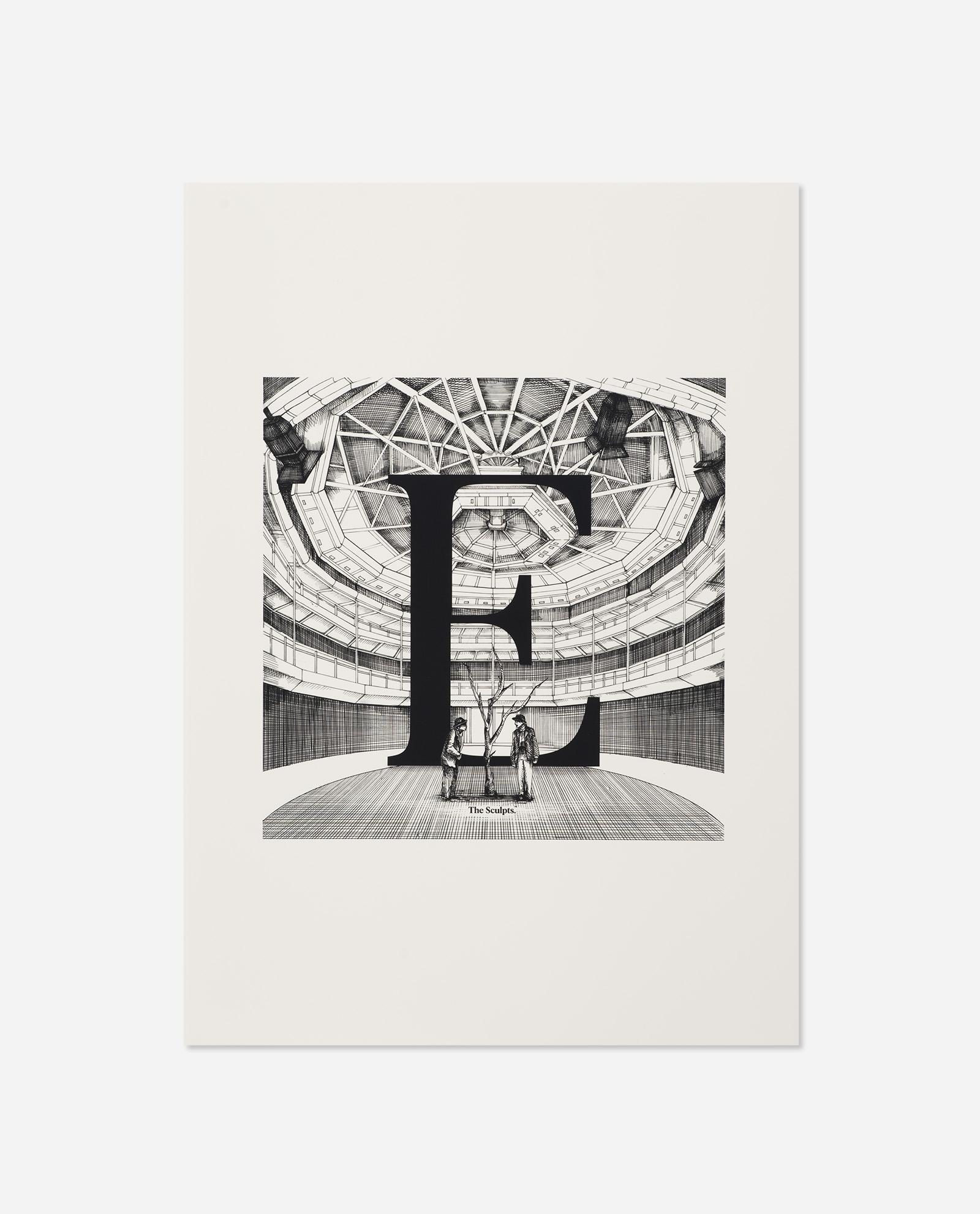 Manchester Exchange Theatre print featuring bold letter E with pen and ink Royal Exchange Theatre interior behind two figures