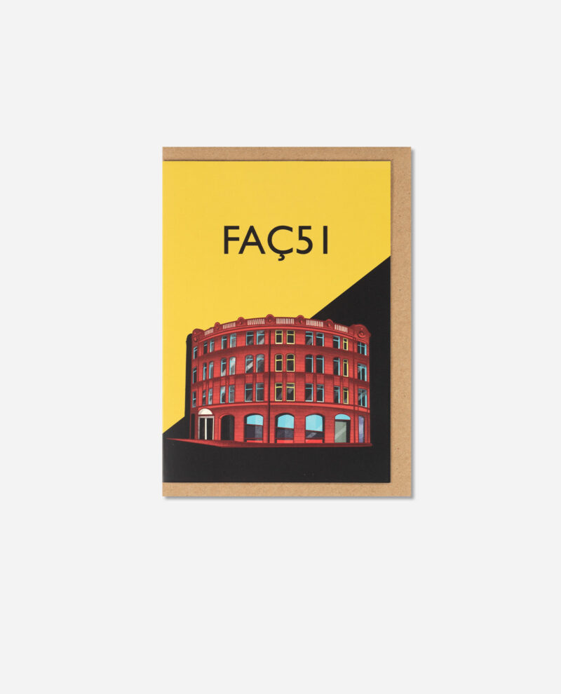 FAÇ51 greeting card flat lay showing yellow card with red brick Hacienda building and kraft brown envelope