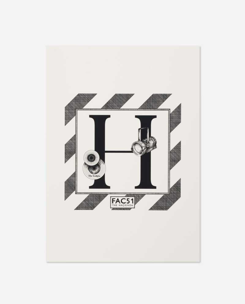 Manchester Letter H Haçienda print with black typography, grey diagonal striped frame, vinyl records and spotlight on cream paper by The Sculpts