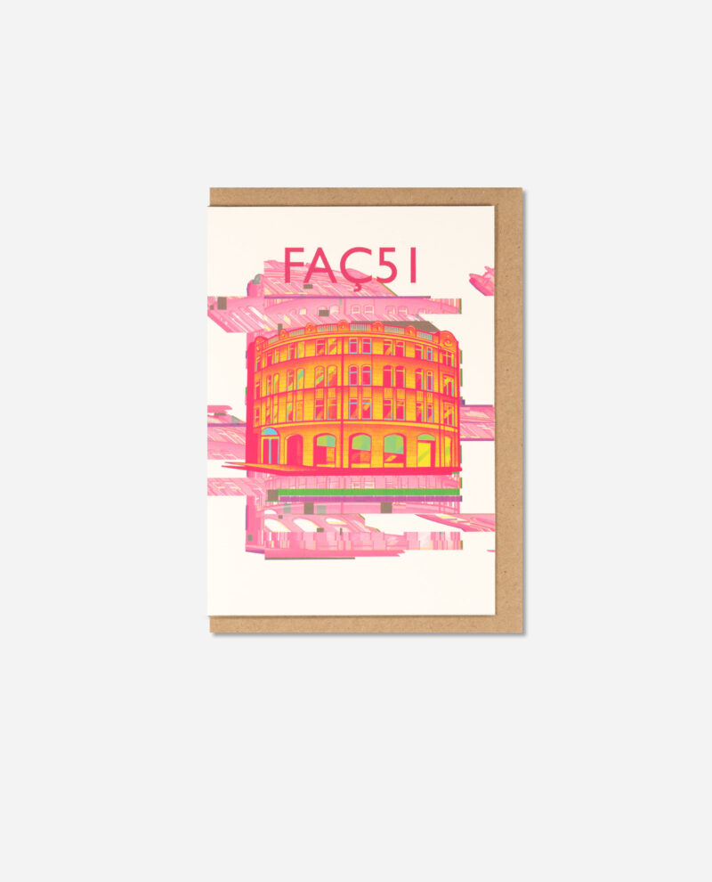 Faç51 Neon Pink greeting card showing vibrant orange Hacienda building with pink glitch effect on cream card with brown kraft envelope, overhead view