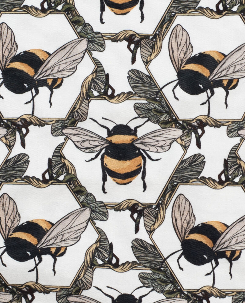 Honeycomb Bee repeating pattern with bumblebees in hexagonal leaf frames on white textile fabric background