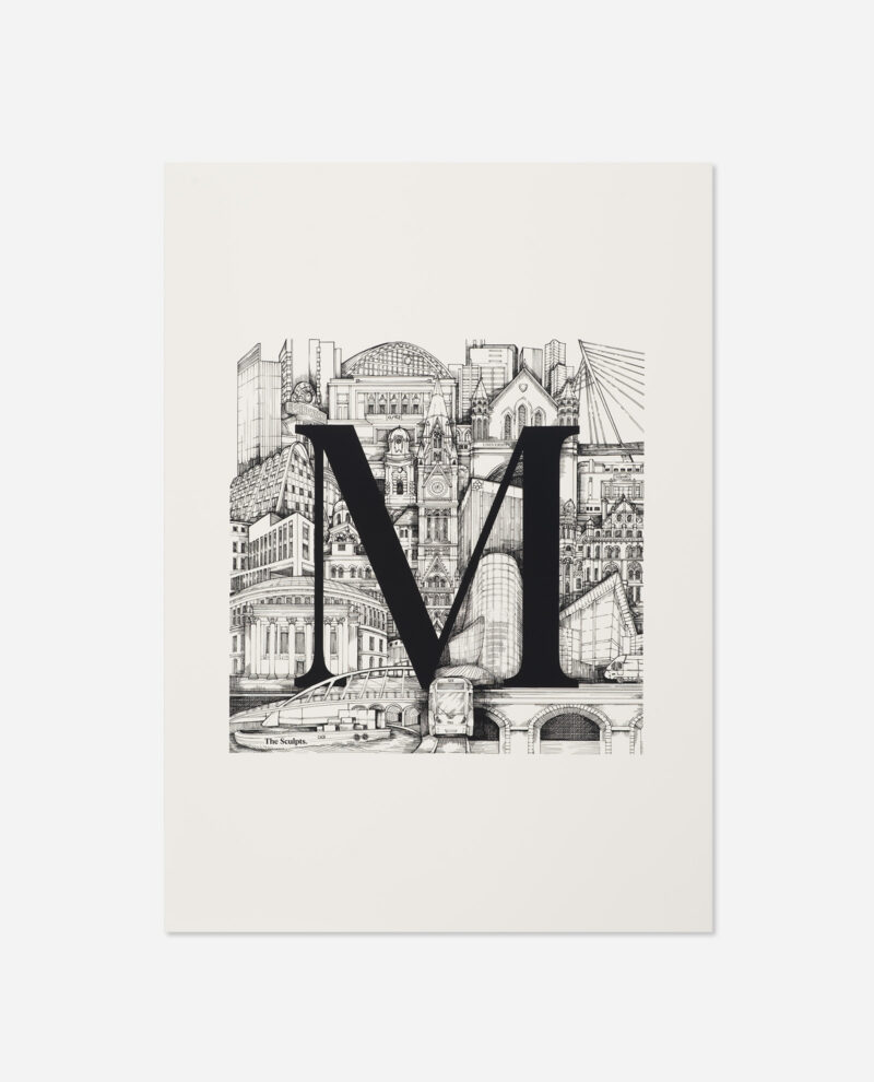 Manchester Letter M print showing bold black M over intricate cityscape sketch including The Lowry and iconic buildings on cream paper