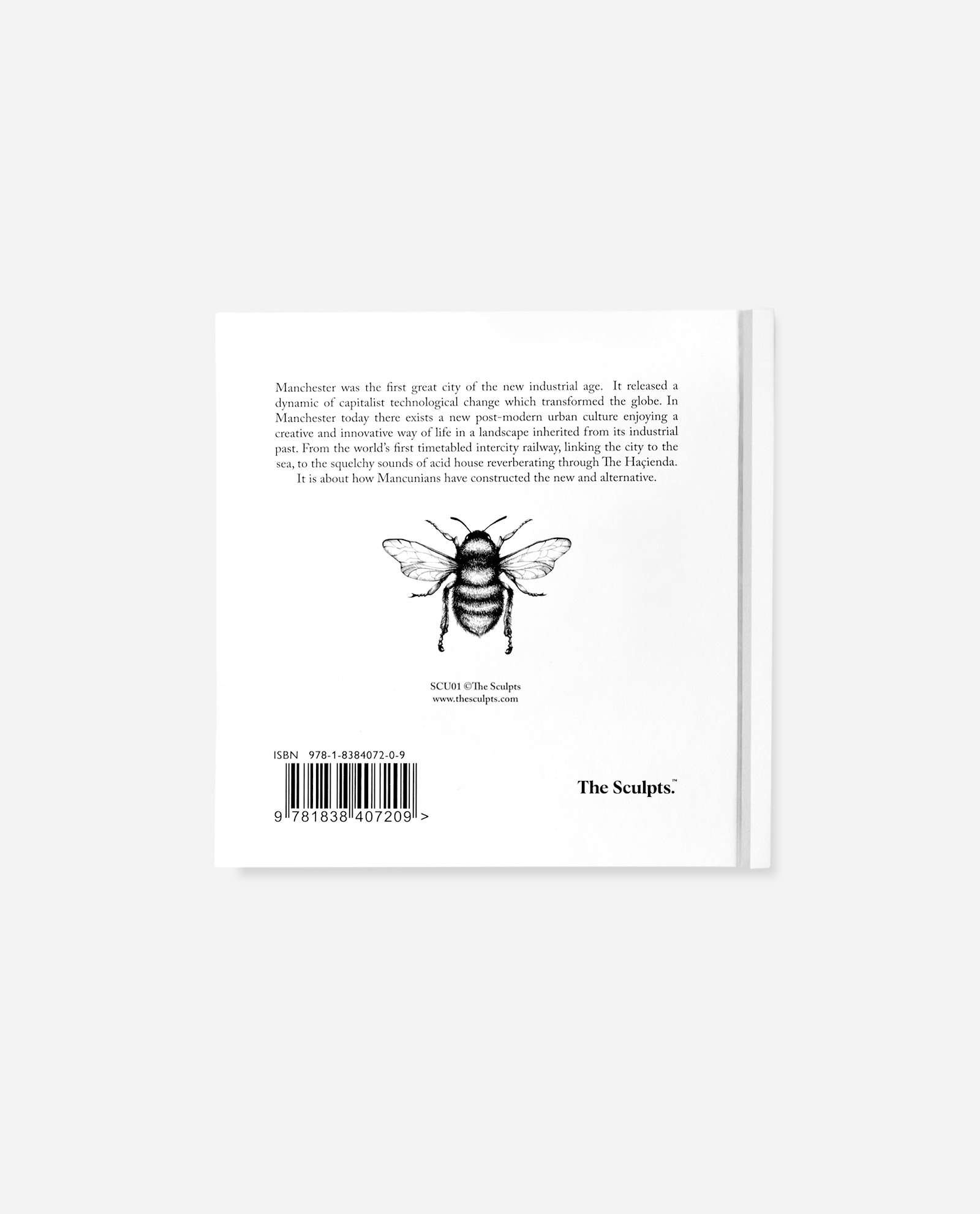 Manchester book back cover by The Sculpts showing worker bee illustration, ISBN barcode, and descriptive text about the city's industrial heritage