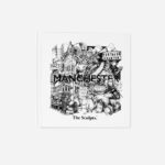 Manchester book cover by The Sculpts featuring detailed black ink illustration with Northern Quarter sign, church spire, bee, and industrial elements