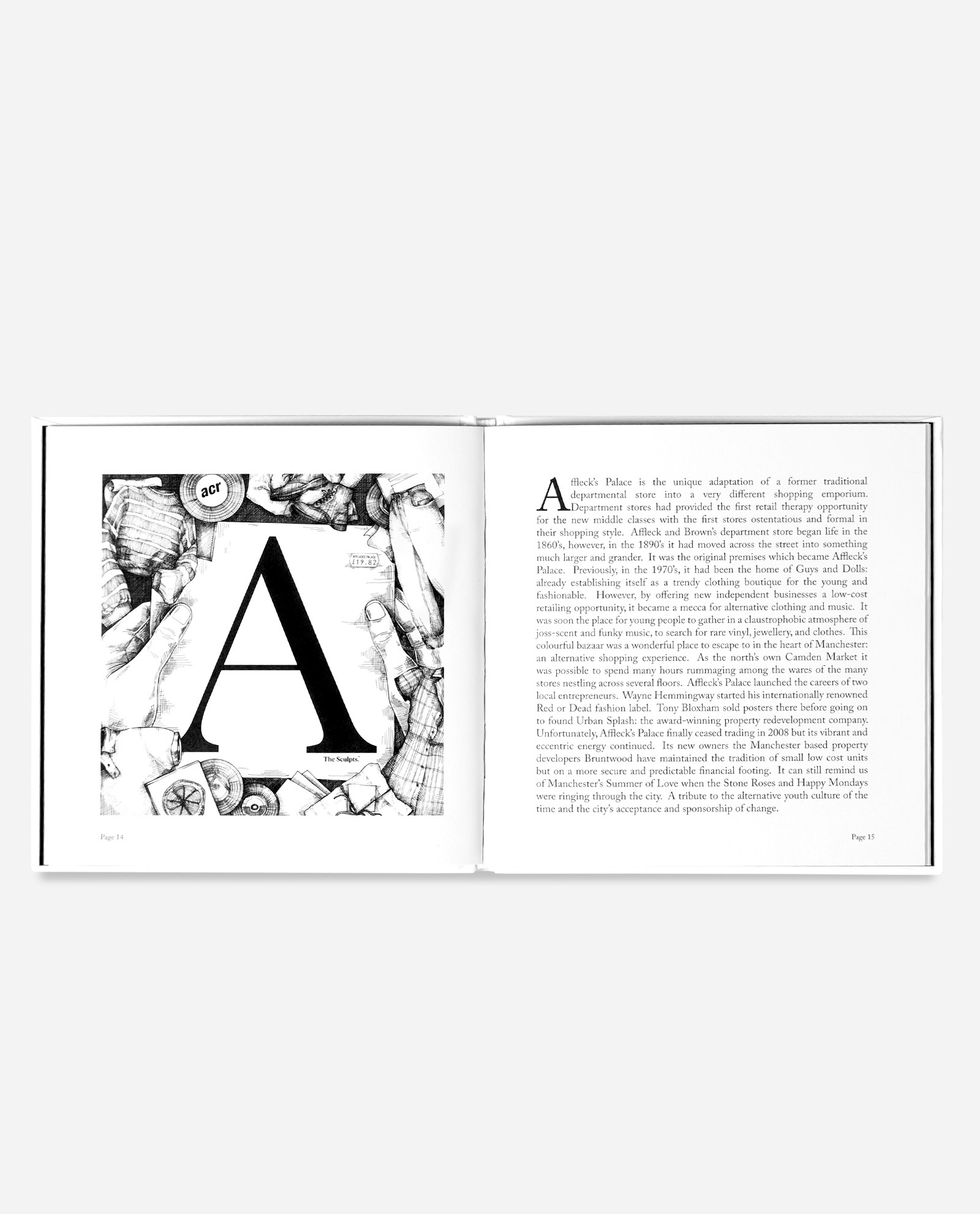 Manchester book open to letter A page showing decorative illustrated capital letter with Afflecks Palace building, vintage objects, instruments and Victorian architectural details