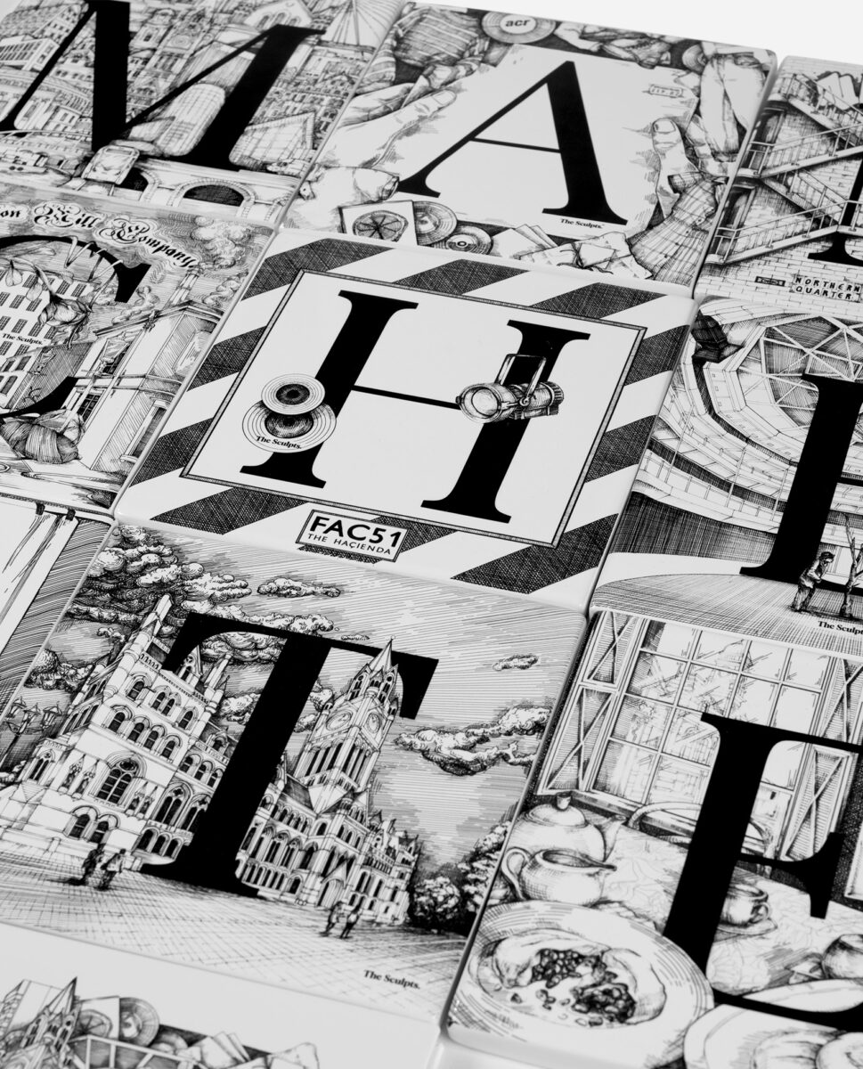 Manchester Tile Set spread showing individual decorative tiles with letters M A N C H E S T E R and illustrated scenes of Manchester landmarks