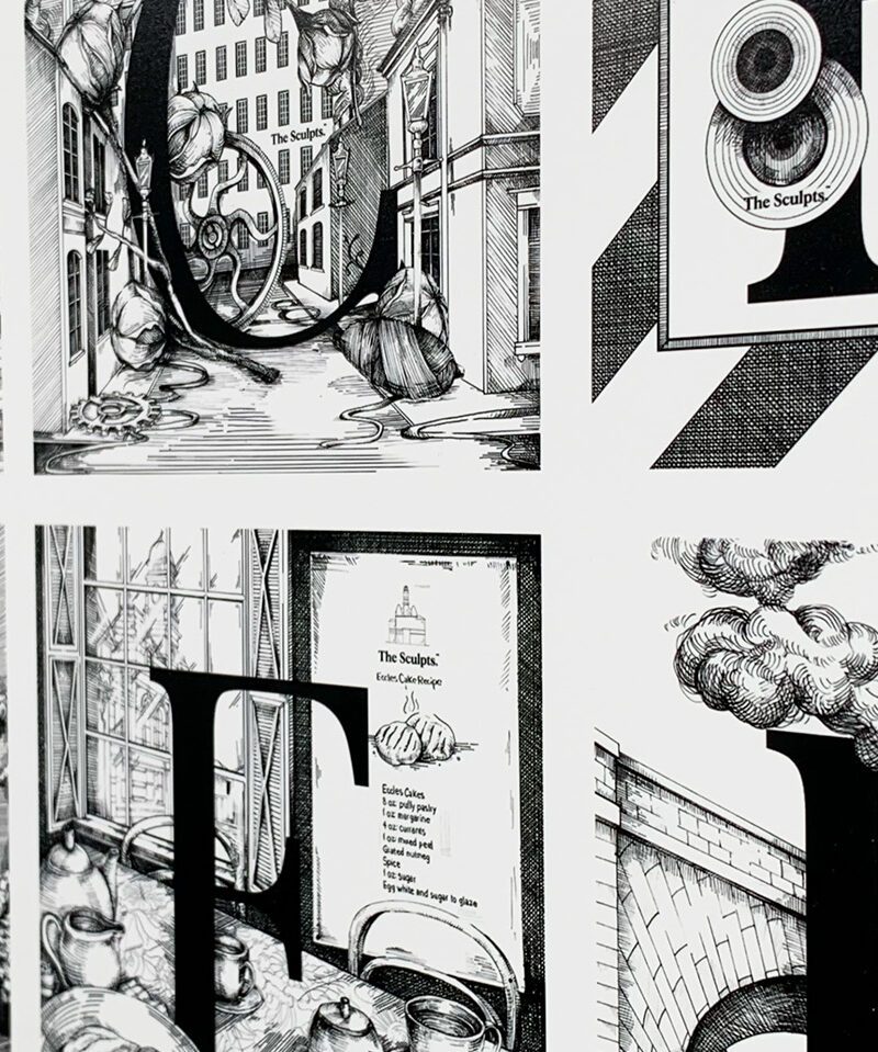 Manchester tiles print collection featuring six different black and white designs including typography, street scenes and architectural illustrations