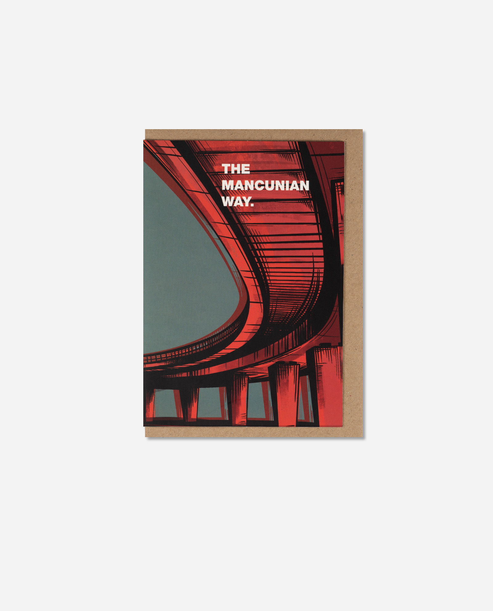 The Mancunian Way greeting card by The Sculpts featuring bold red and teal architectural illustration of Manchester flyover on kraft envelope