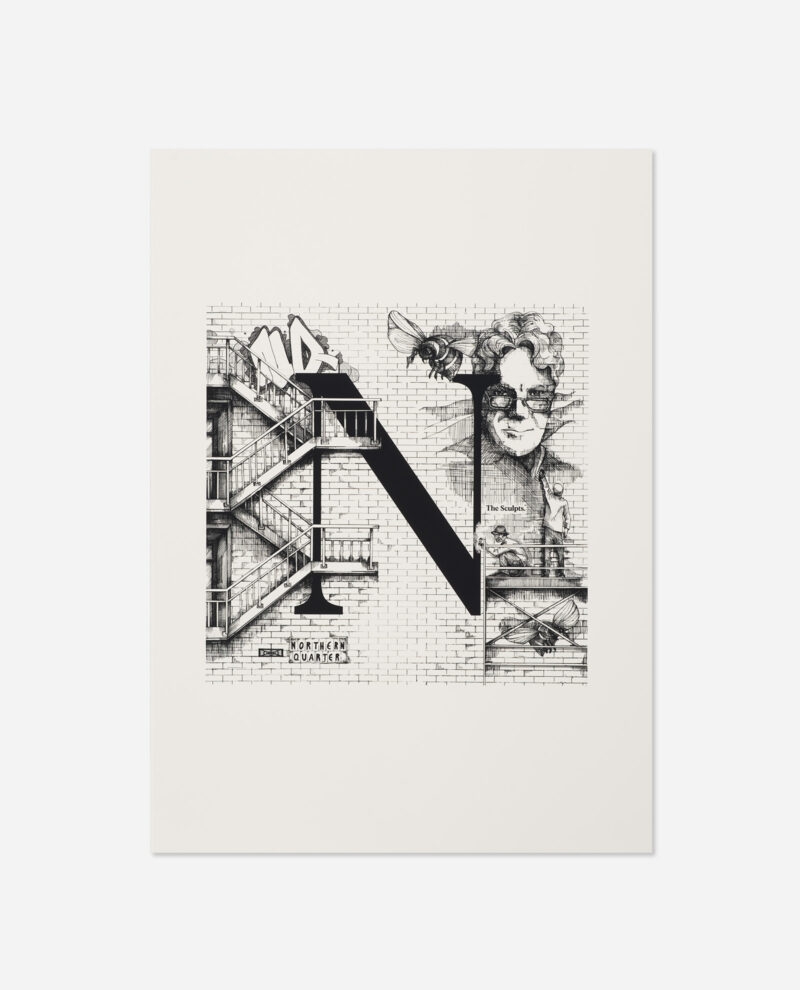 Manchester Letter N for Northern Quarter print by The Sculpts featuring illustrated brick wall, Tony Wilson portrait and architectural elements in black ink