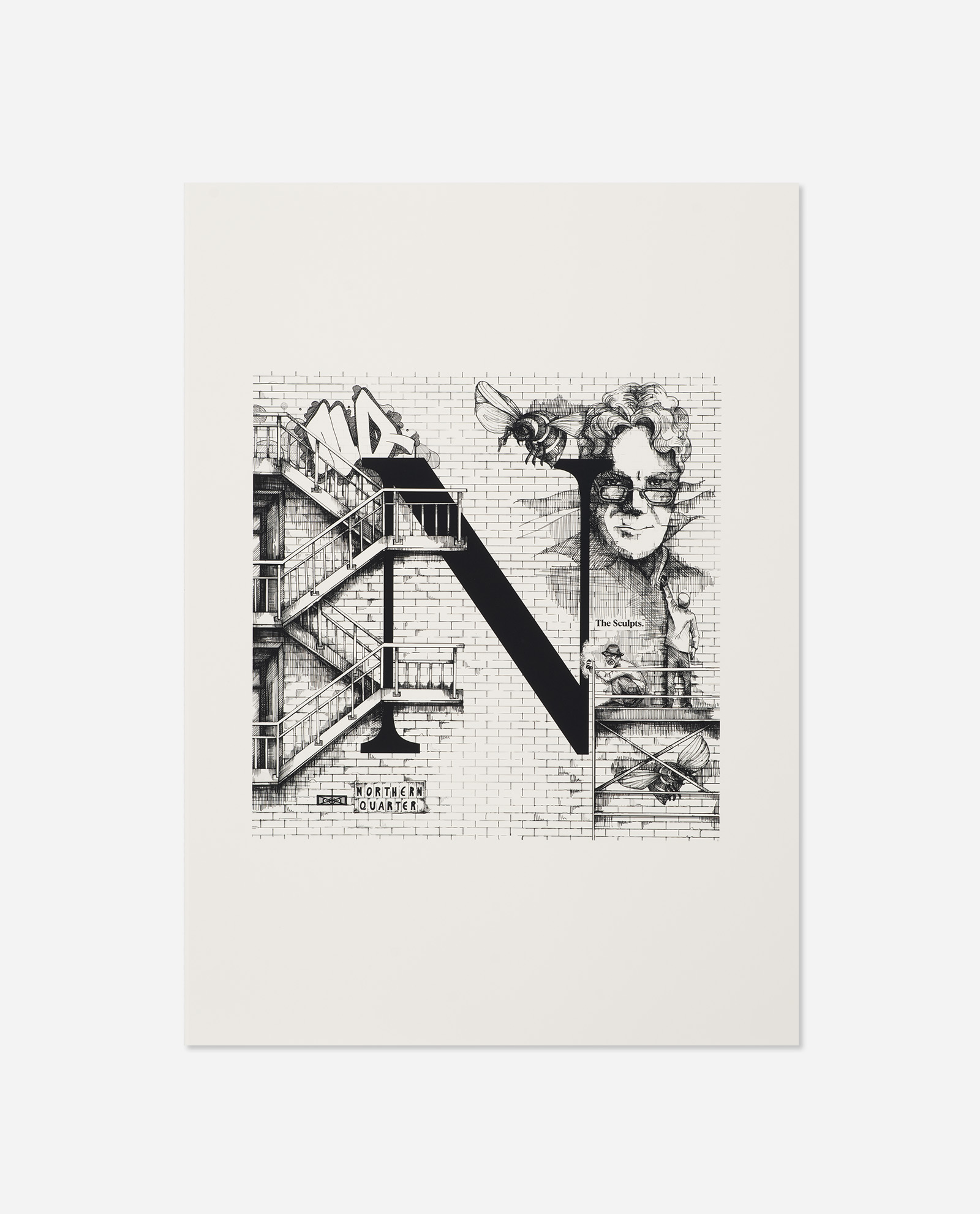 Manchester Letter N for Northern Quarter print by The Sculpts featuring illustrated brick wall, Tony Wilson portrait and architectural elements in black ink