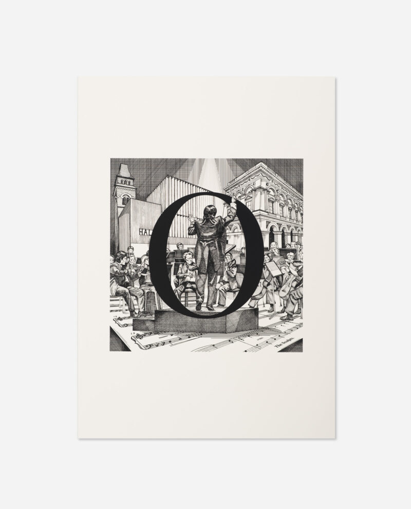 Manchester Letter O for Hallé Orchestra print featuring engraved illustration of conductor and musicians with ornate buildings and bold black O typography