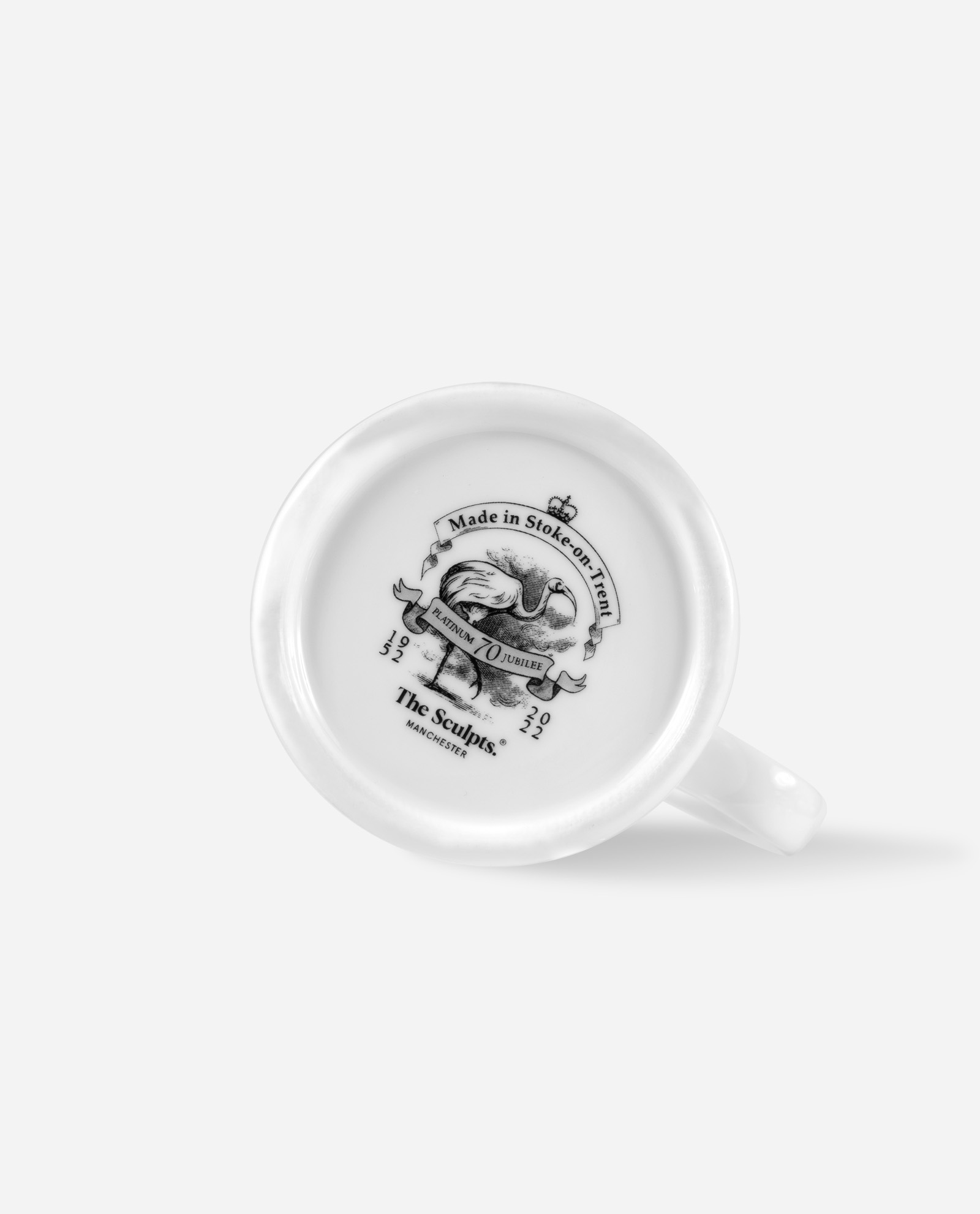 Bottom view of Platinum Jubilee Milk Jug showing Made in Stoke-on-Trent backstamp with The Sculpts branding