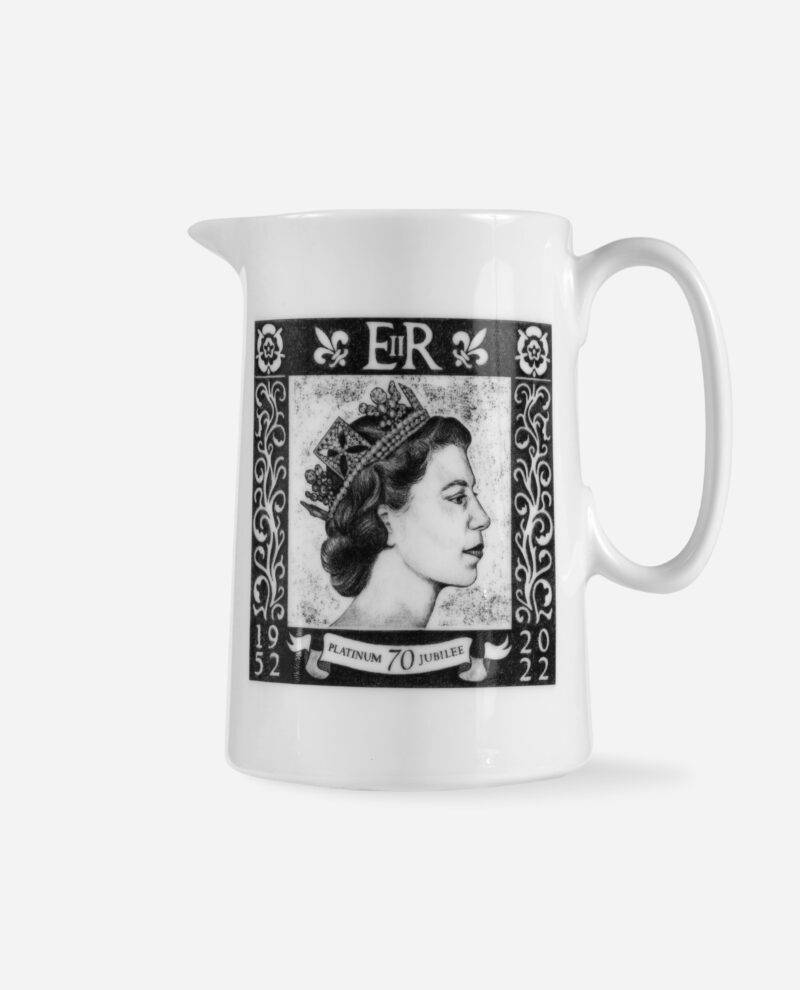 White bone china Platinum Jubilee Milk Jug with black stamp design showing profile portrait and EIIR cypher