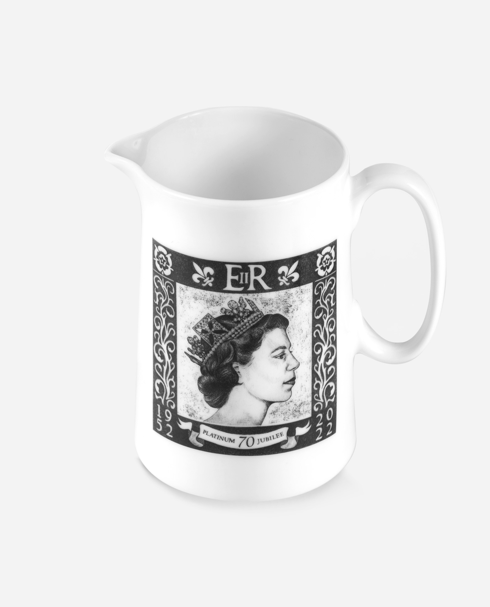 Oblique view of Platinum Jubilee Milk Jug showing pouring spout and handle with commemorative stamp design