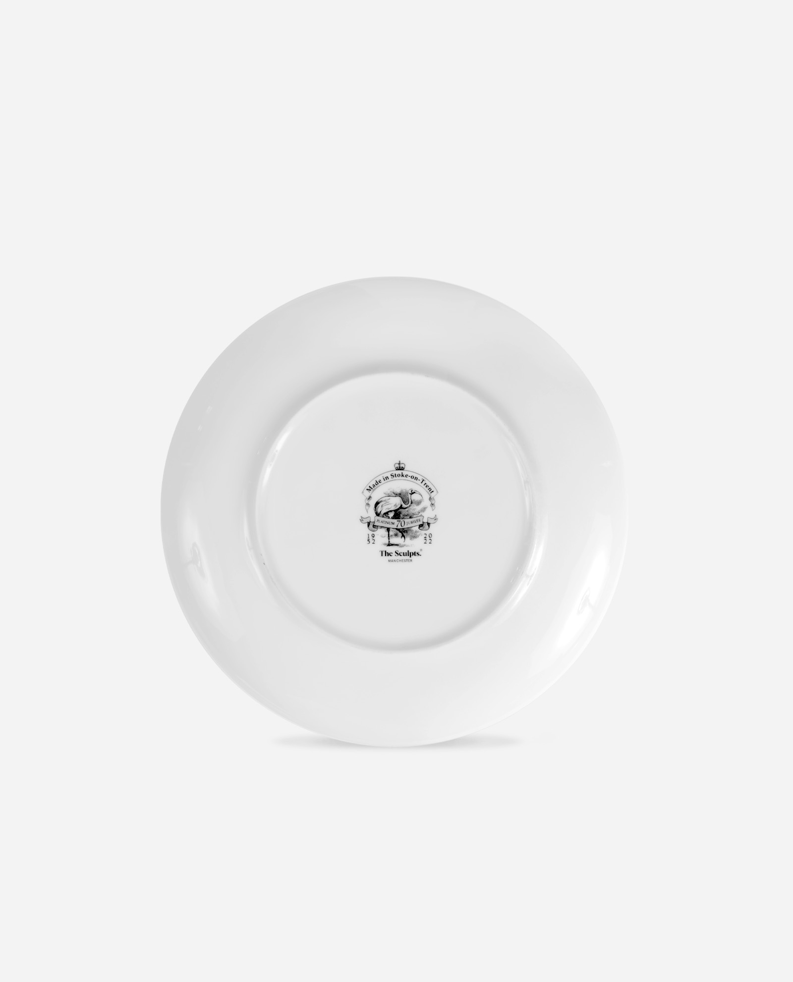 Base of Platinum Jubilee Plate showing The Sculpts maker's mark and Made in Stoke-on-Trent England stamp