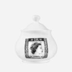 Platinum Jubilee sugar pot front view showing Queen Elizabeth II portrait in decorative frame with ER cypher and floral border on white bone china
