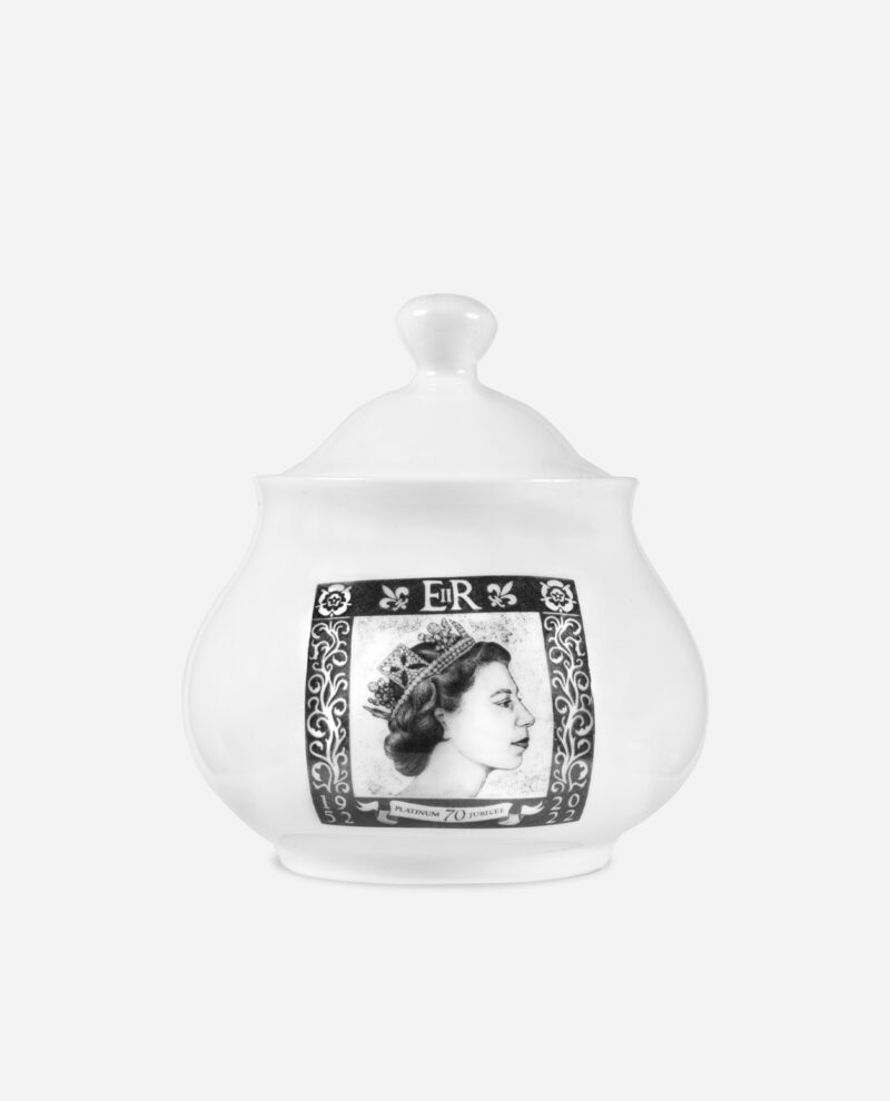 Platinum Jubilee sugar pot front view showing Queen Elizabeth II portrait in decorative frame with ER cypher and floral border on white bone china