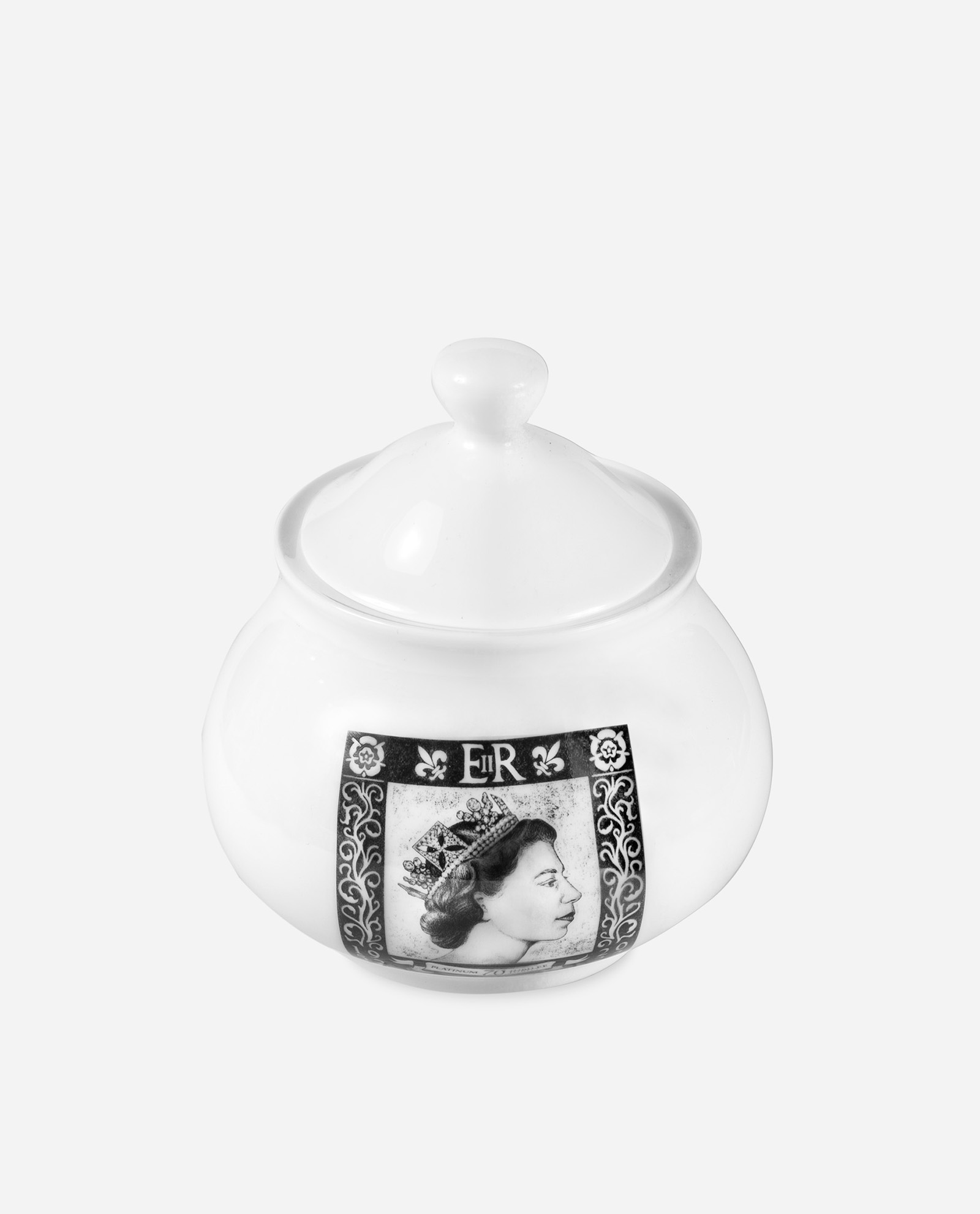 Oblique angle of Platinum Jubilee sugar pot showing three-dimensional form, commemorative portrait panel and lidded design in bone china