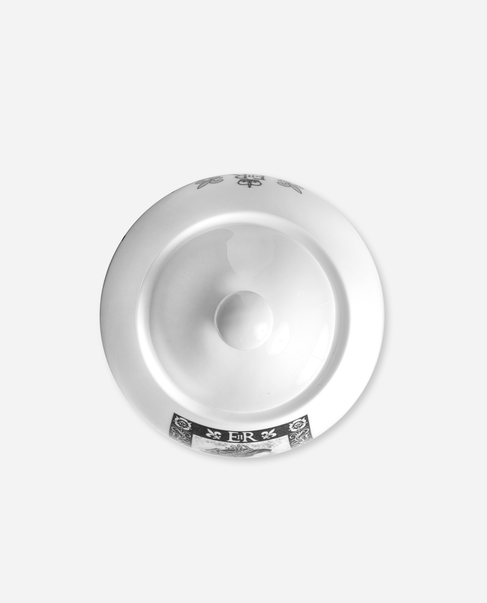 Top view of Platinum Jubilee sugar pot lid showing ER cypher border detail and circular opening with decorative transfer print on bone china