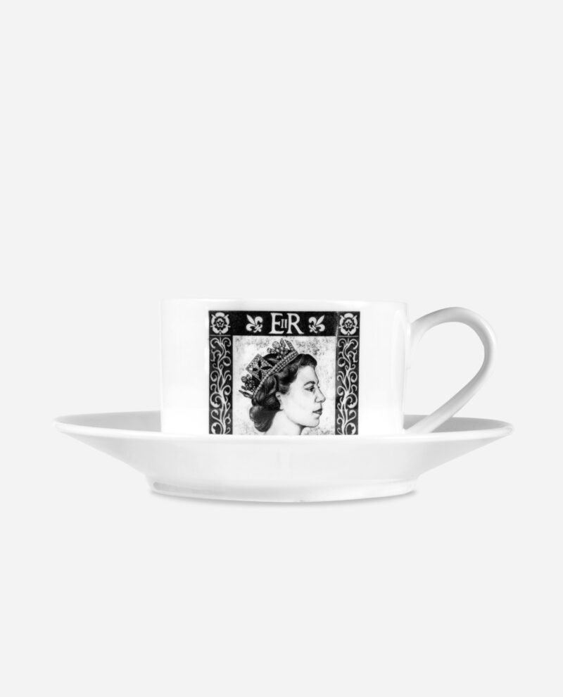 Platinum Jubilee tea cup and saucer set showing decorative EIIR stamp portrait on white bone china