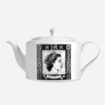 White ceramic Platinum Jubilee Tea Pot with black framed portrait, EIIR monogram, and decorative border on front