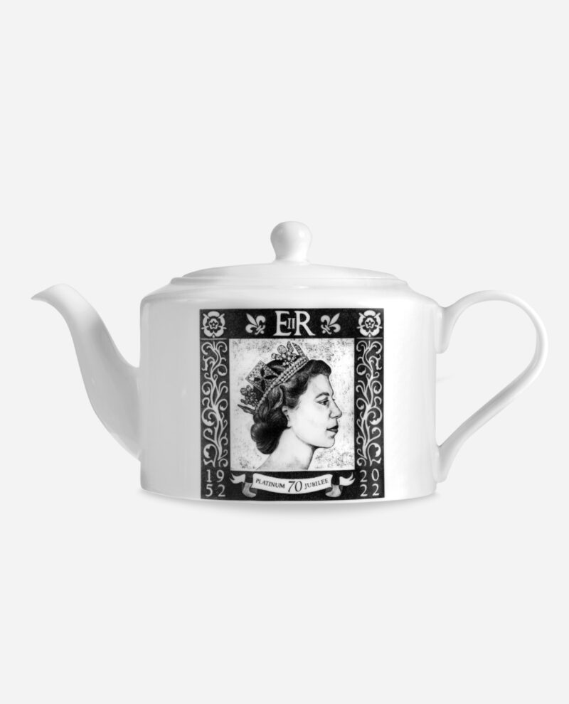 White ceramic Platinum Jubilee Tea Pot with black framed portrait, EIIR monogram, and decorative border on front