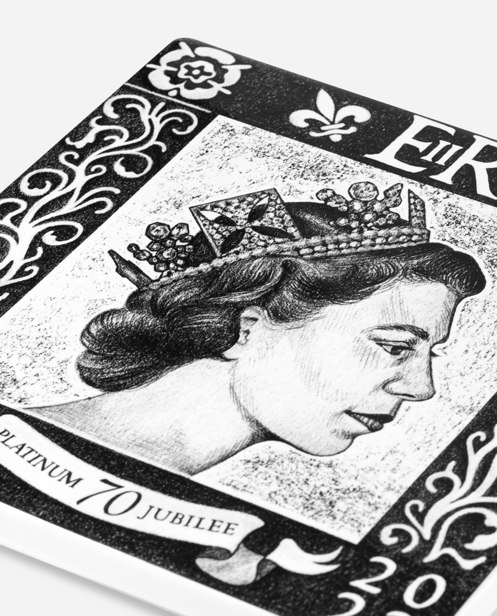 Close-up side angle of Platinum Jubilee tile showing detailed crown and hair texture on Queen Elizabeth II portrait